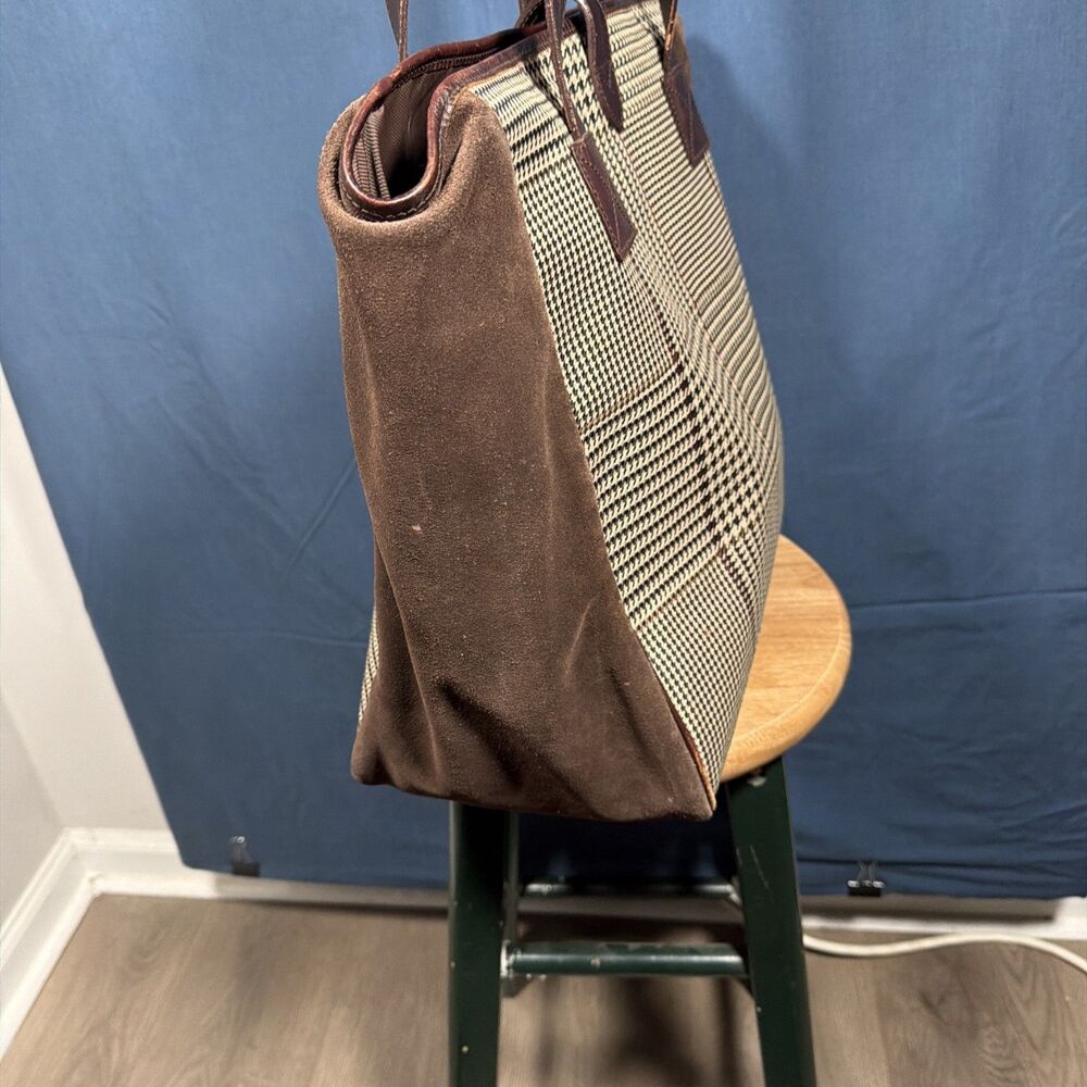 Vintage Lauren Ralph Lauren Brown Leather Suede Houndstooth Tote Shoulder Bag - Picture 7 of 11